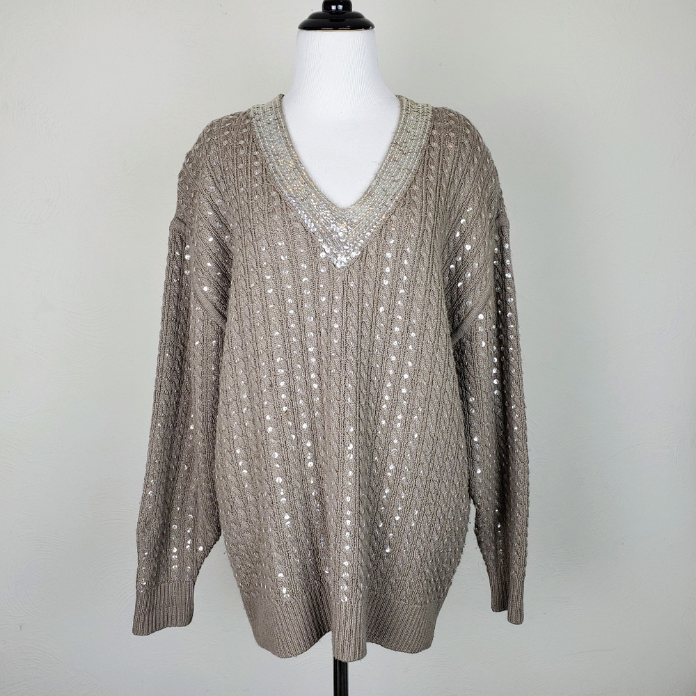 Vintage Sweater Fine Merino Wool Sequin Cable Knit Fall Winter Cabin Cottagecore